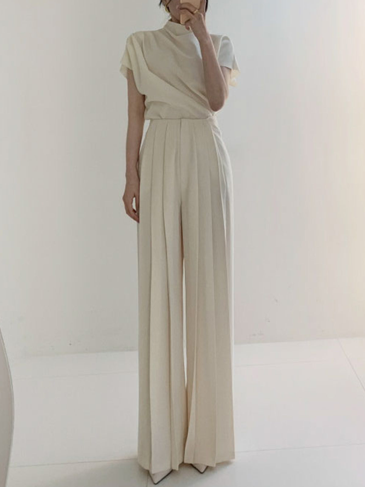 Pleated Front Shift Pants with Woven Fabric and Ankle Length for Women