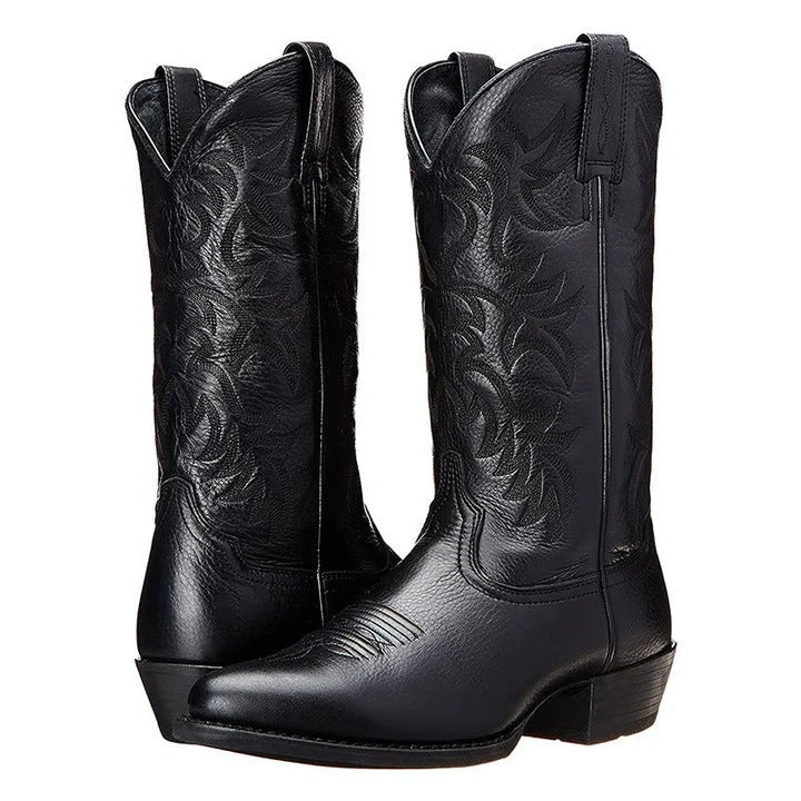 Pointed Toe Cowboy Boots with Mid Calf Shaft and Structured Heel, Rubber Sole