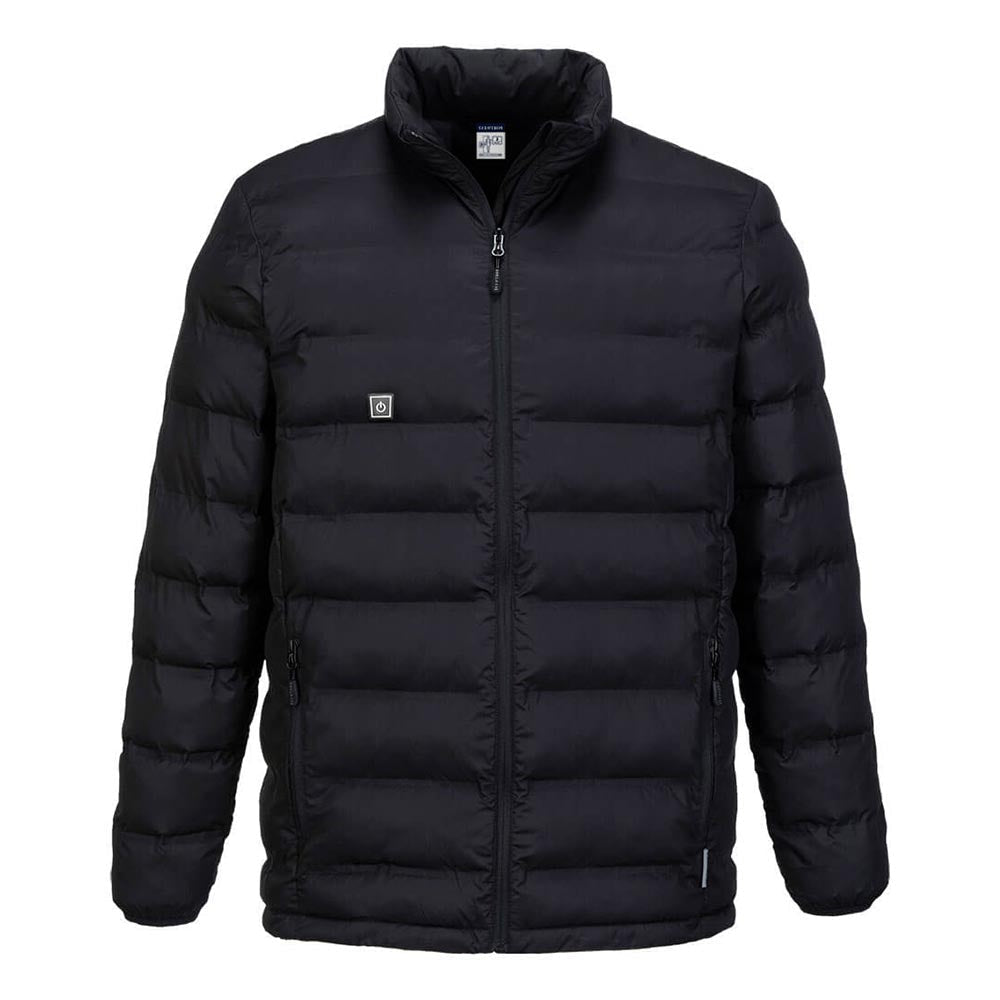 Heated work jacket with zipped pockets, front view