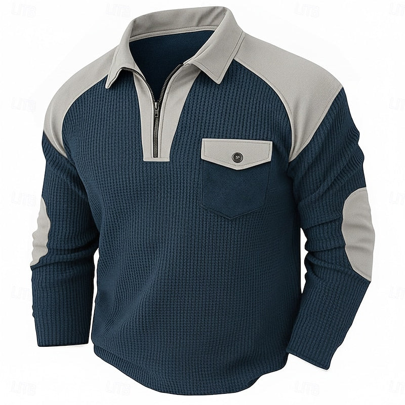 Quarter Zip Pullover with Textured Fabric and Elbow Patches, Chest Pocket
