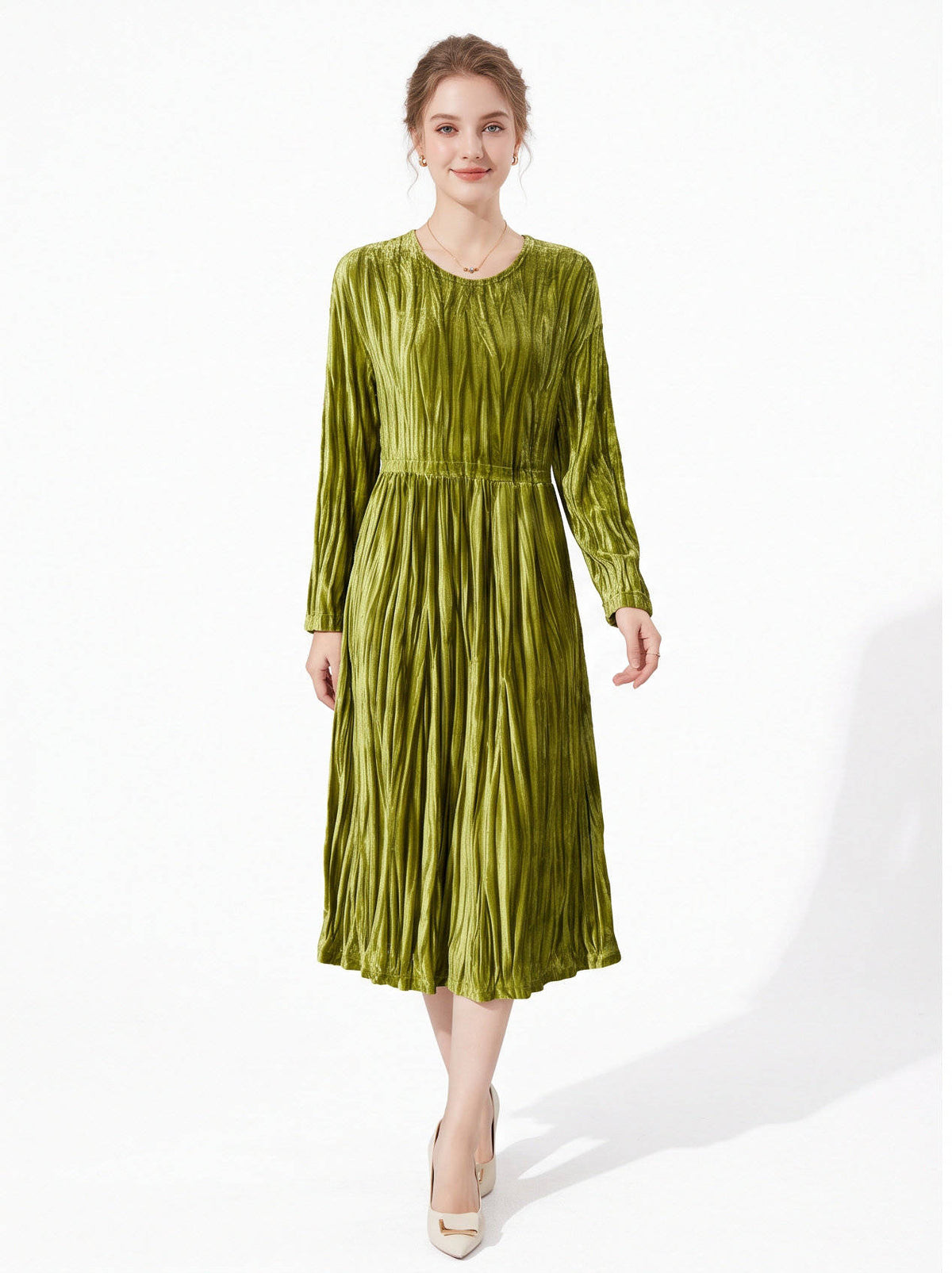 Velvet Dresses for Women, Vintage Style Long Sleeve Cinched Waist Pleated Dress for Fall and Winter