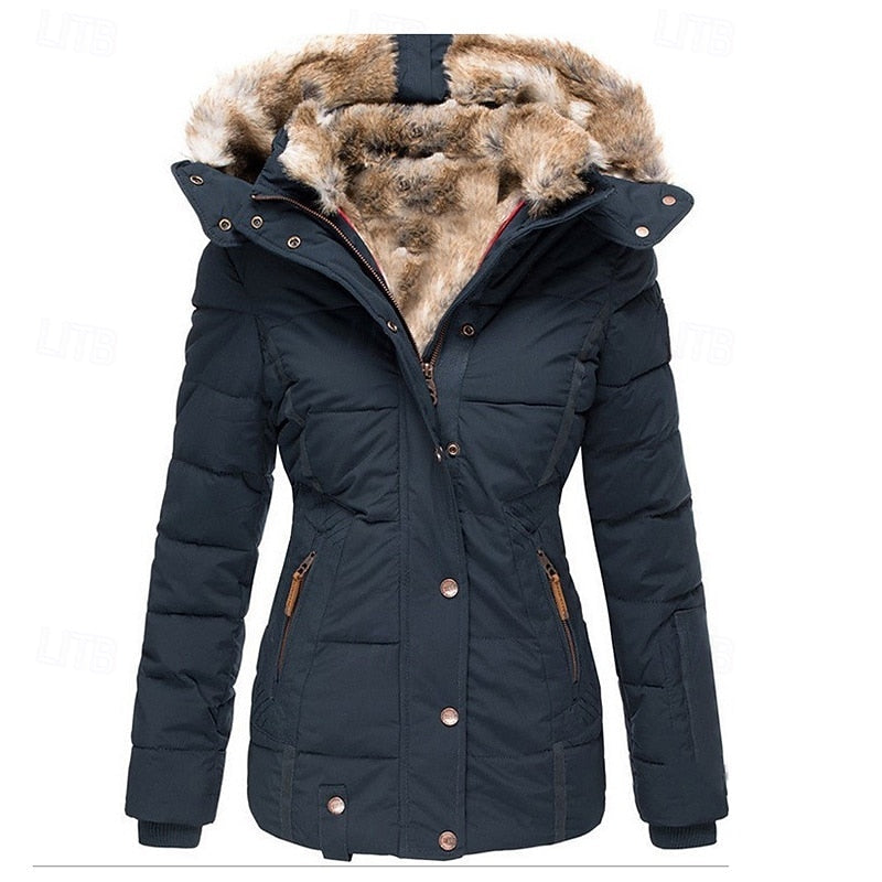 Padded Winter Jacket with Detachable FurTrimmed Hood, Zip and Button Closure