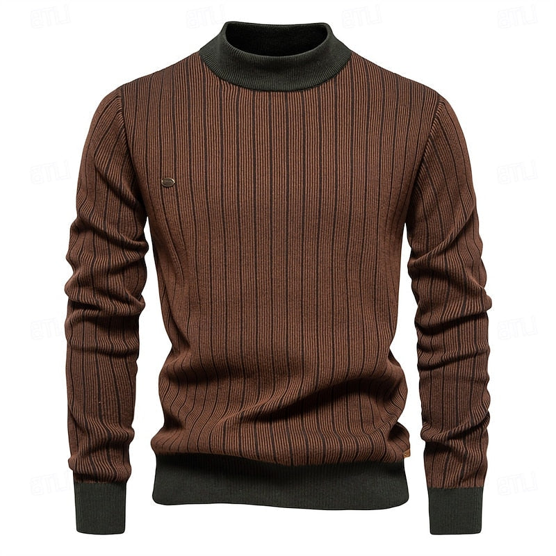 Ribbed Mock Neck Sweater with Tailored Fit and Vertical Knit Pattern