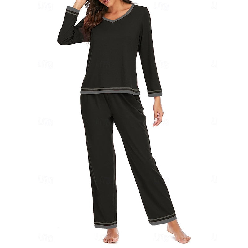 Womens Two Piece Lounge Set with Long Sleeve V Neck Top and Elastic Waist Trousers