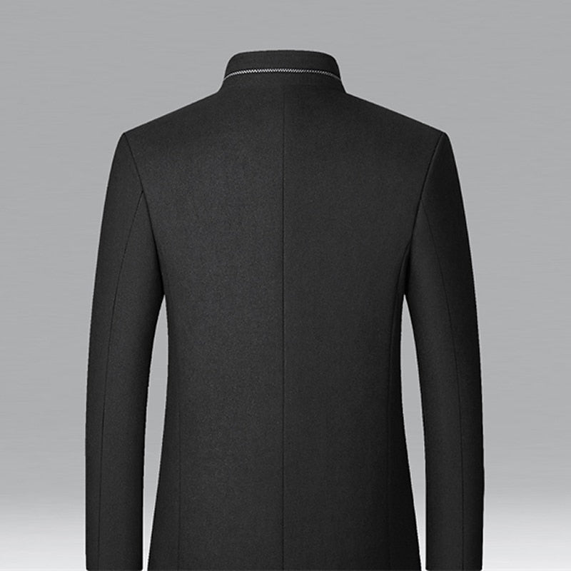 Tailored Overcoat with Stand Collar and Button Front, Hip-Length Coverage