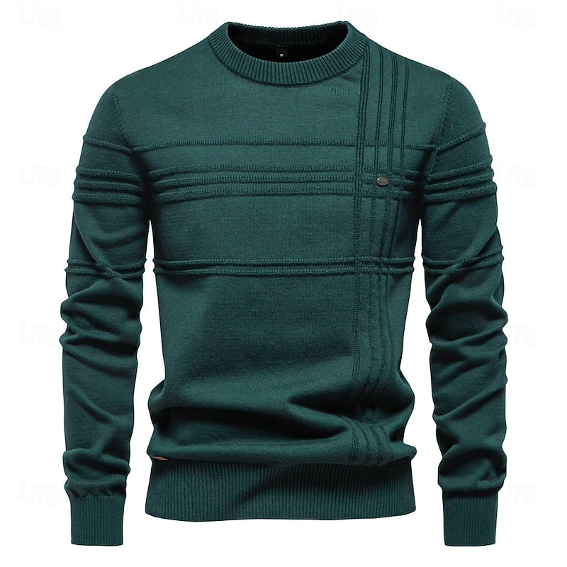 Textured Crewneck Sweater with Tailored Fit and Woven Fabric for Fall Winter