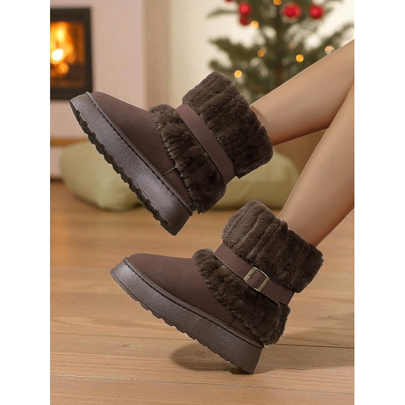 Womens Ankle Snow Boots with Fur Trim and Grip Sole With Plush Lined