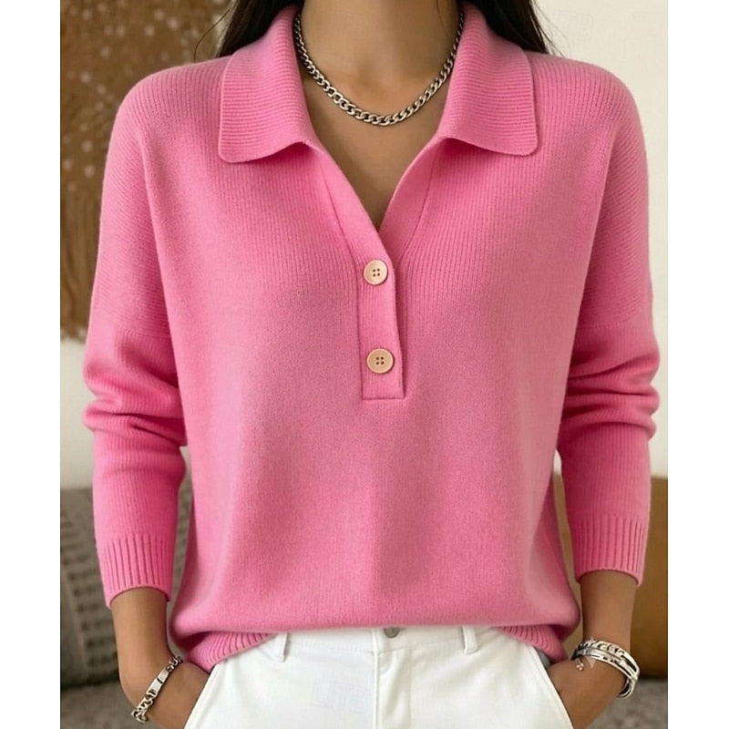 Collared Pullover with Button Accent and Long Sleeves