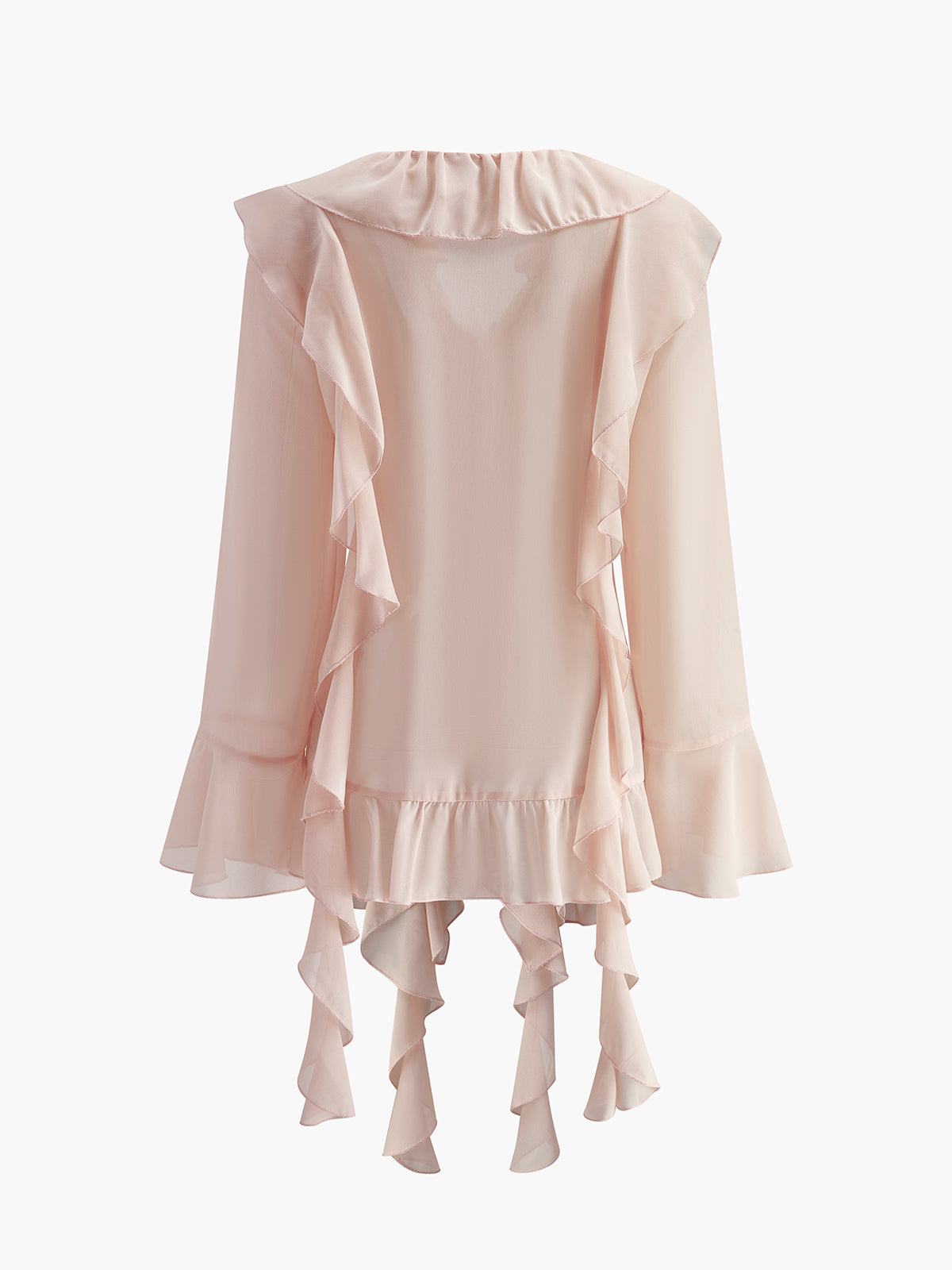 Womens V-Neck Chiffon Blouse with Ruffled Neckline and Long Sleeves, Sheer Layering