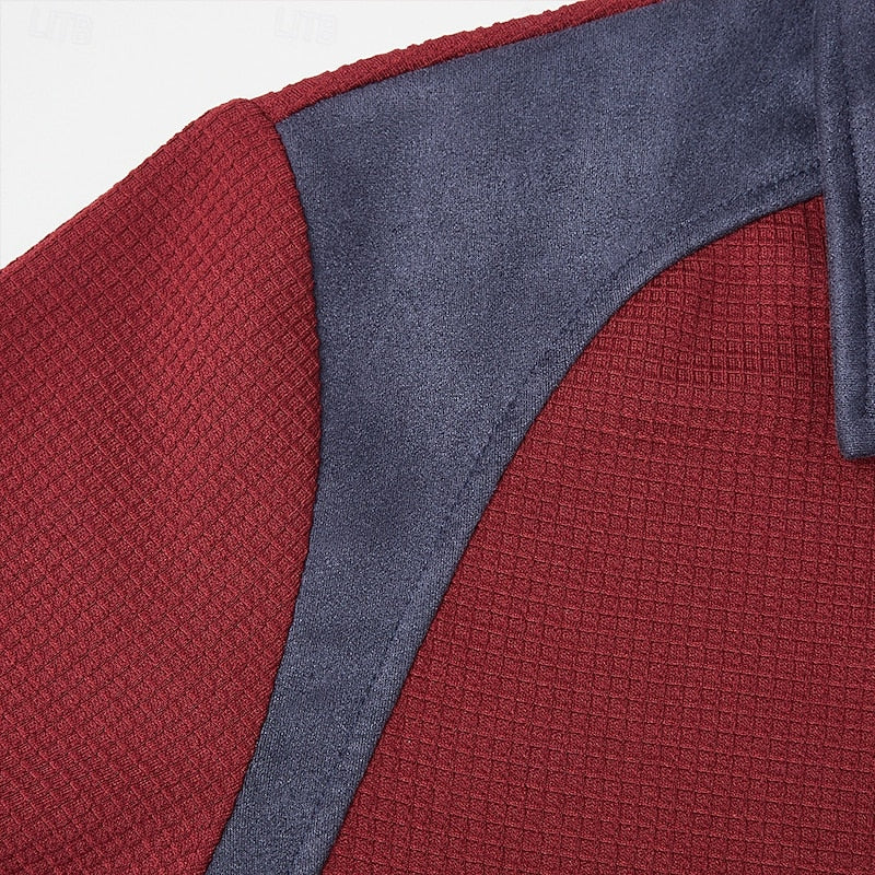 Quarter Zip Pullover with Textured Fabric and Elbow Patches, Chest Pocket