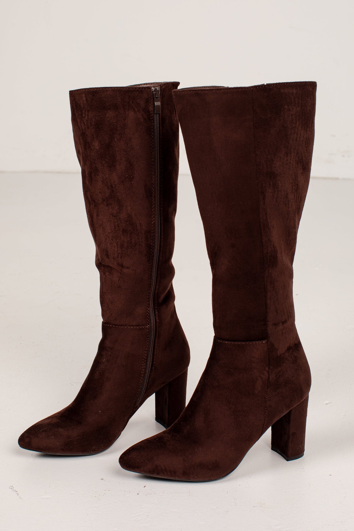 Faux Suede Knee High Boots with Side Zipper and Almond Toe, Block Heel