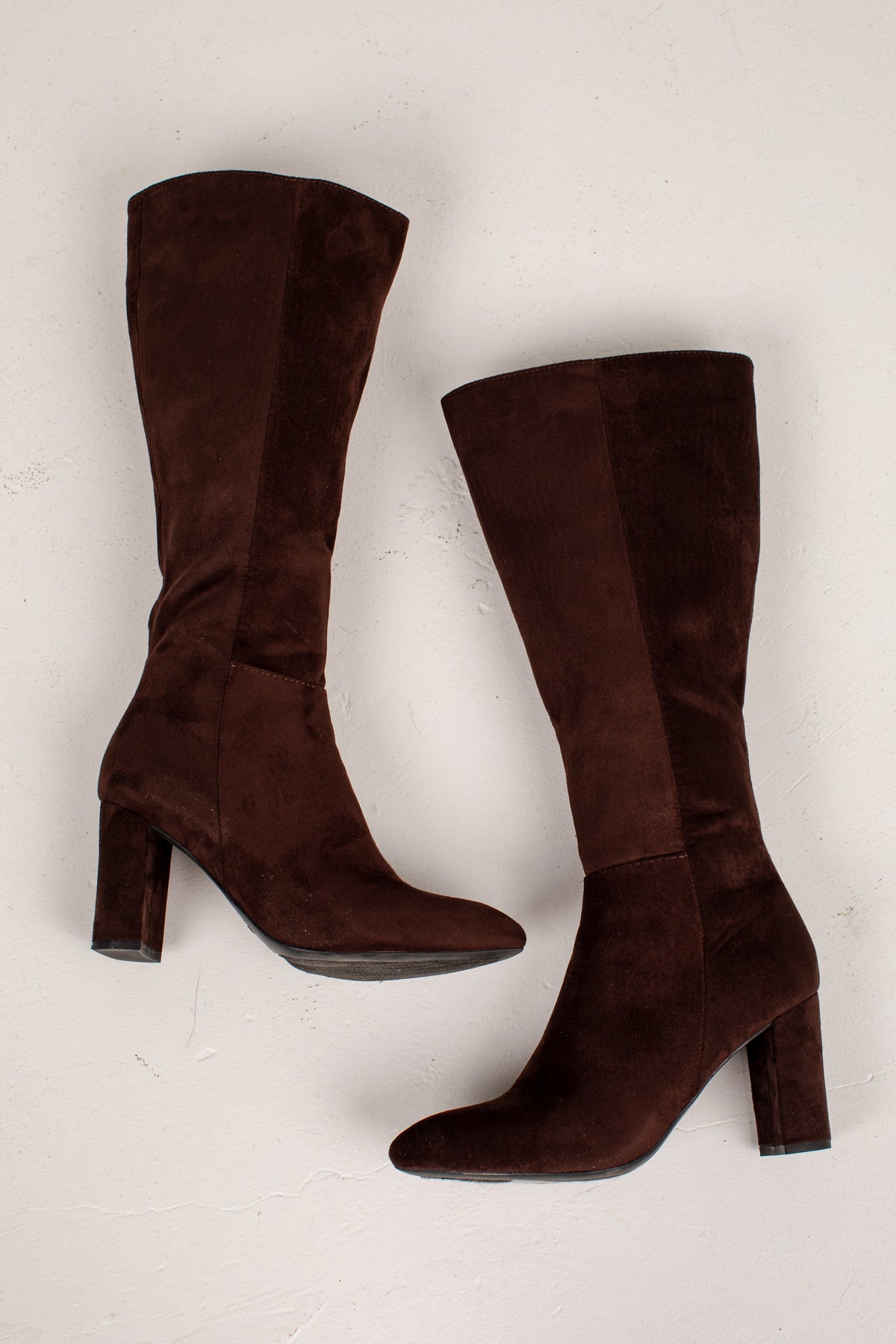 Faux Suede Knee High Boots with Side Zipper and Almond Toe, Block Heel