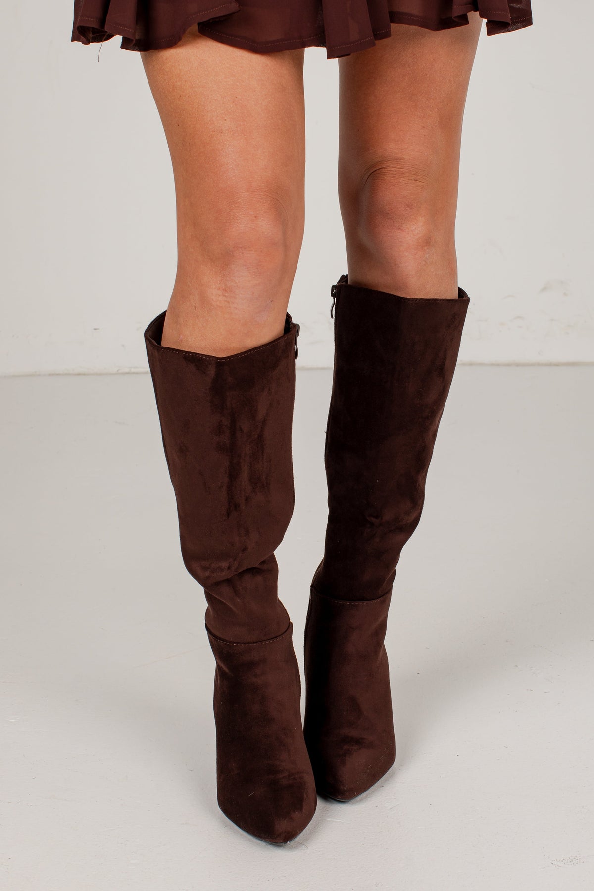 Faux Suede Knee High Boots with Side Zipper and Almond Toe, Block Heel