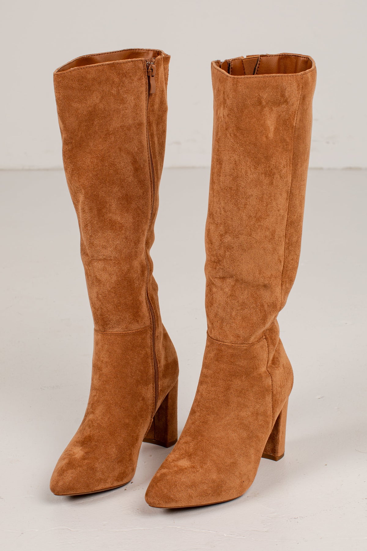 Faux Suede Knee High Boots with Side Zipper and Almond Toe, Block Heel