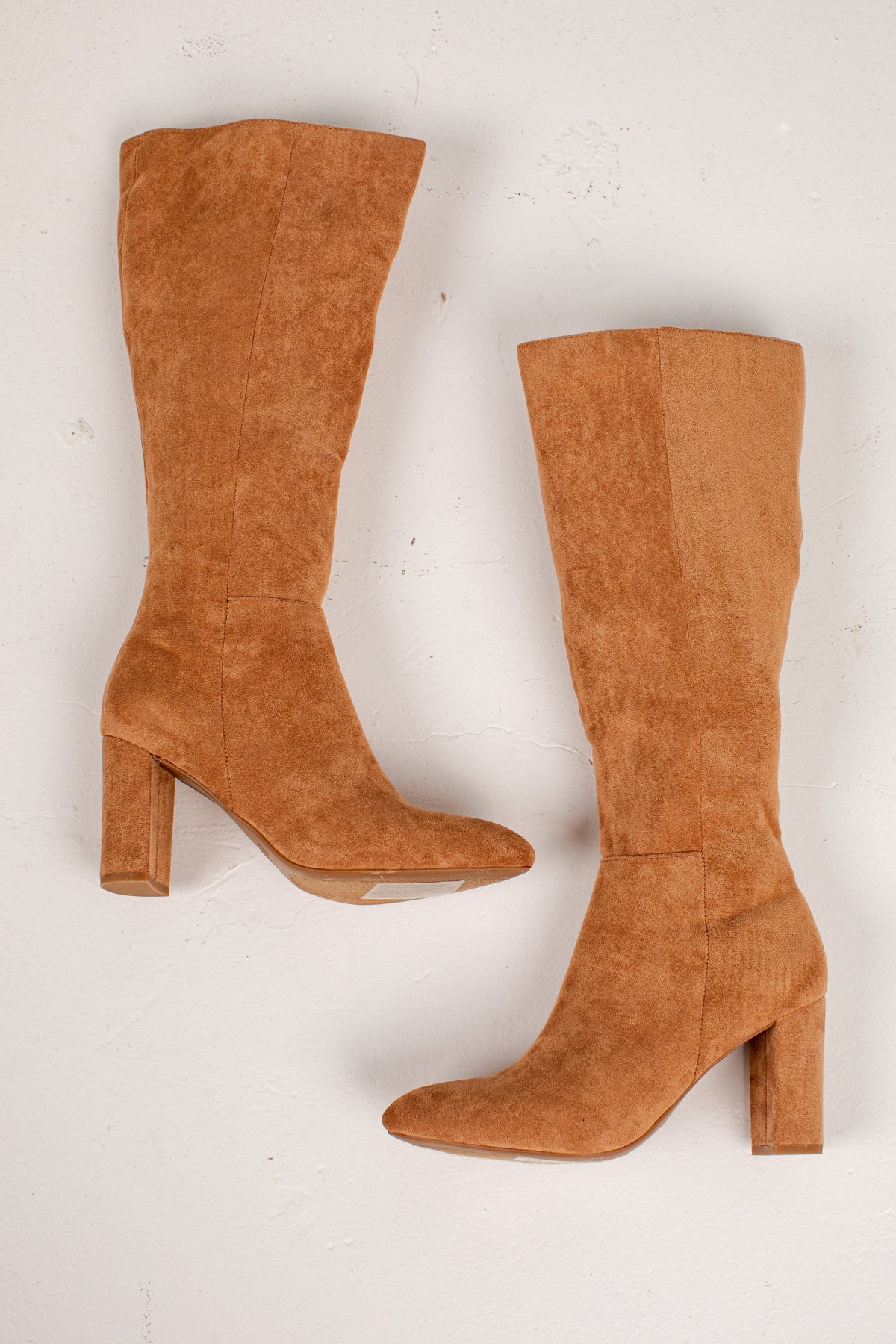 Faux Suede Knee High Boots with Side Zipper and Almond Toe, Block Heel