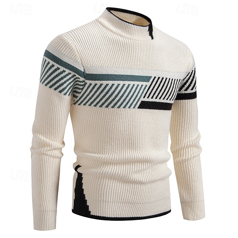 Ribbed Crew Neck Sweater with Colour Block Panels and Regular Fit