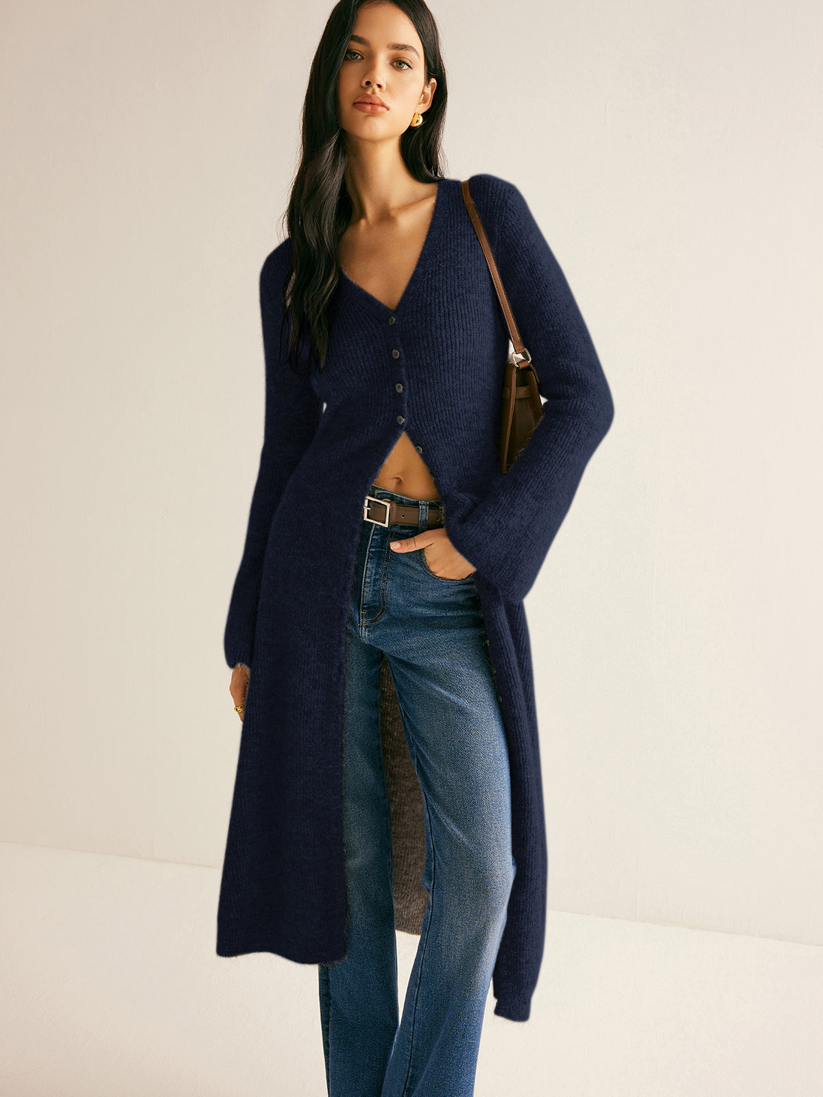 Knit Midi Dress with V-Neck Button Front and High Stretch Fabric