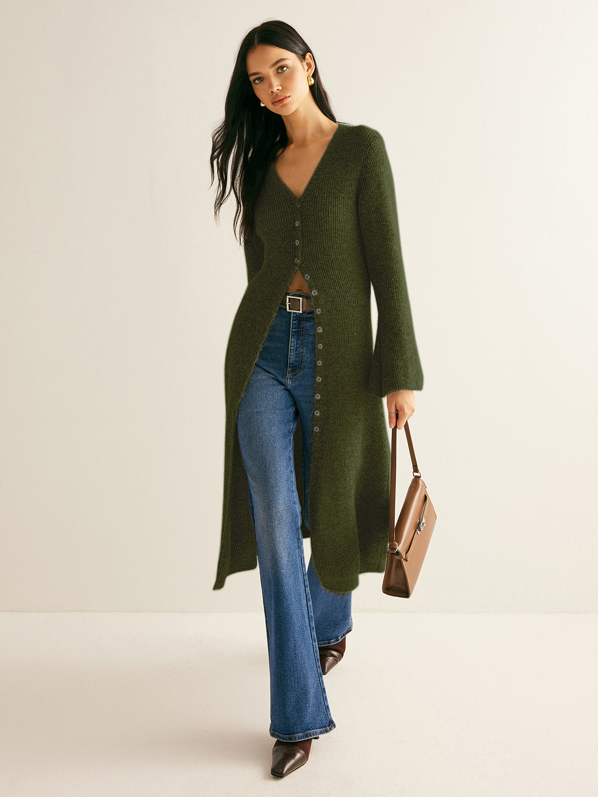 Knit Midi Dress with V-Neck Button Front and High Stretch Fabric