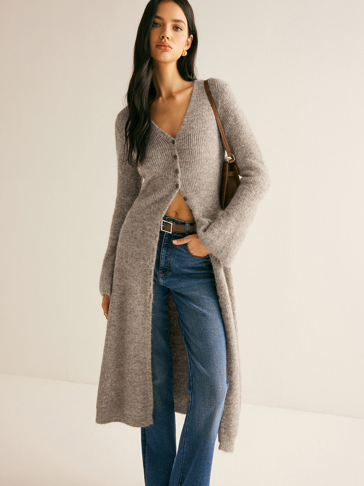Knit Midi Dress with V-Neck Button Front and High Stretch Fabric