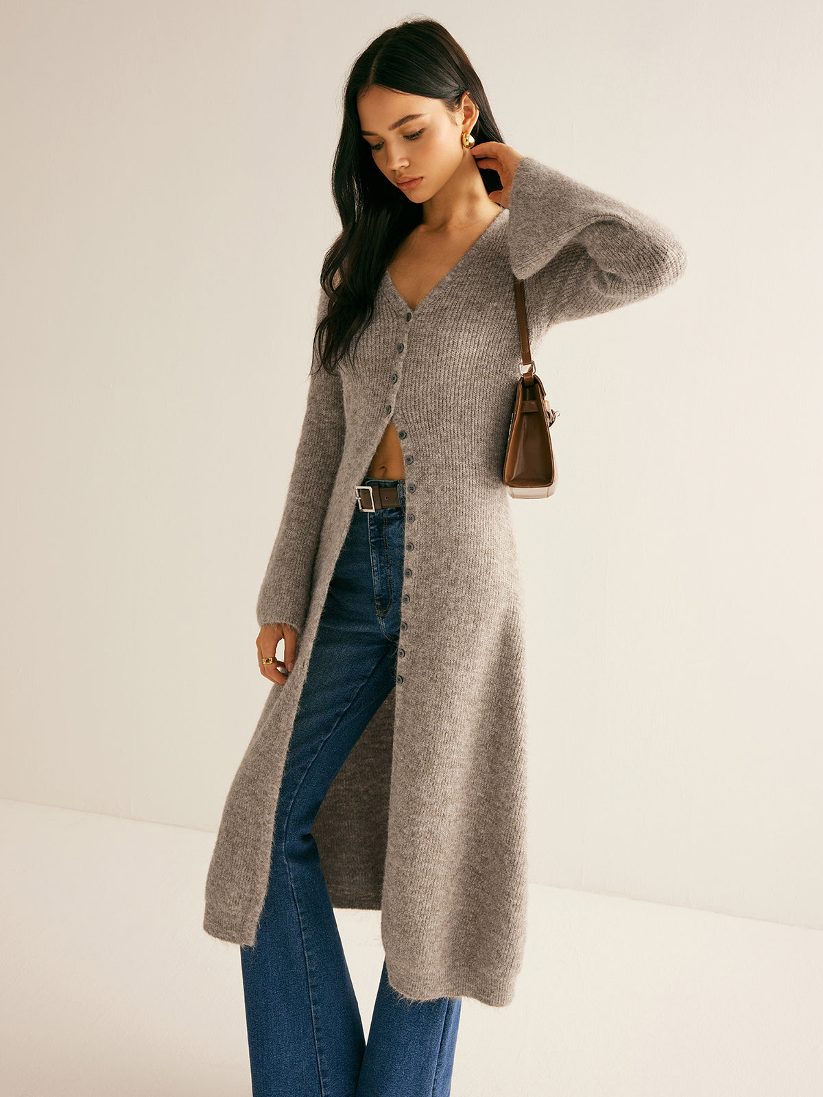 Knit Midi Dress with V-Neck Button Front and High Stretch Fabric
