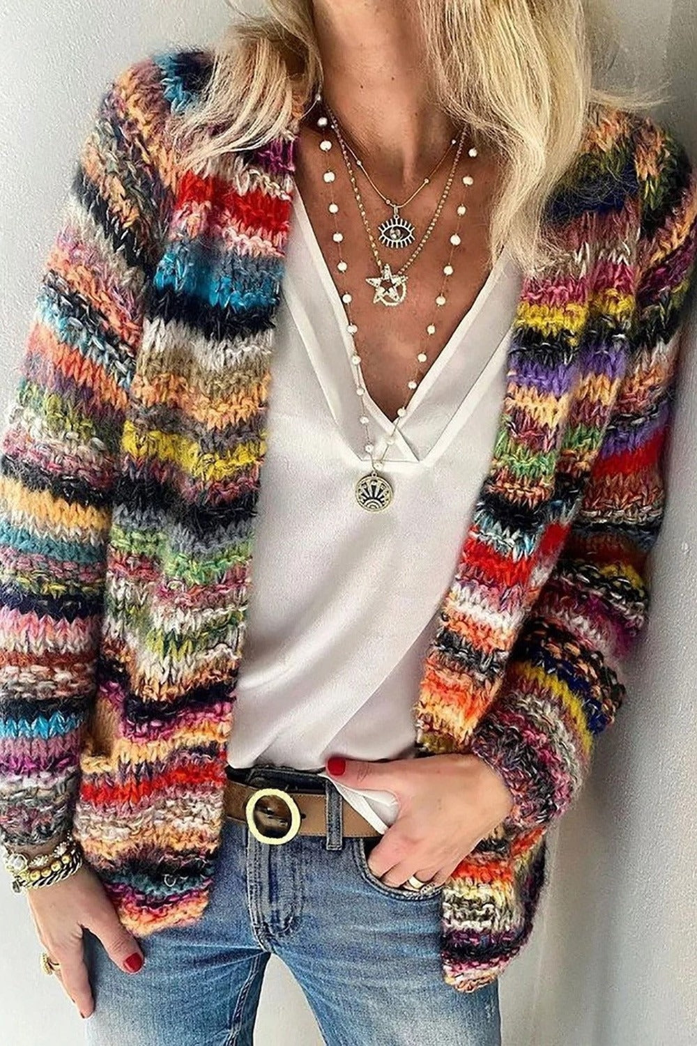 Striped Open Front Cardigan with Long Sleeves and Relaxed Fit