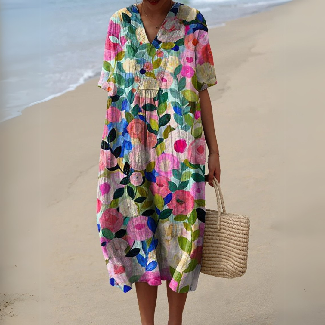 Stylish multicolour V-neck floral dress for women, ideal for elegant summer fashion.