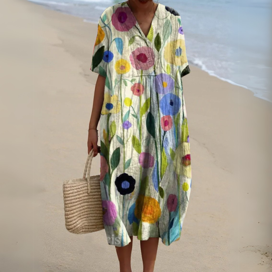 Lightweight multicolour floral V-neck dress, women's summer fashion for ultimate comfort.