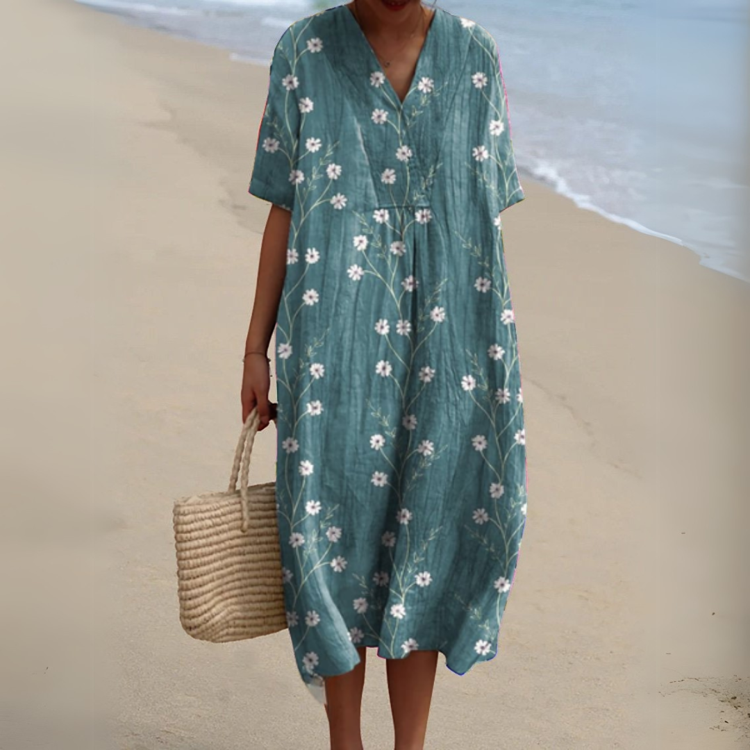 Elegant women's multicolour V-neck floral dress, perfect for casual or occasion wear.