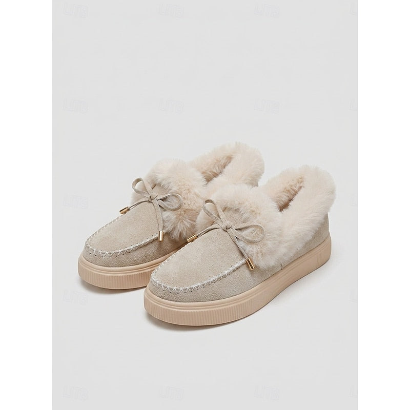 Slip On Moccasins with Plush Fur Lining and Bow Accent