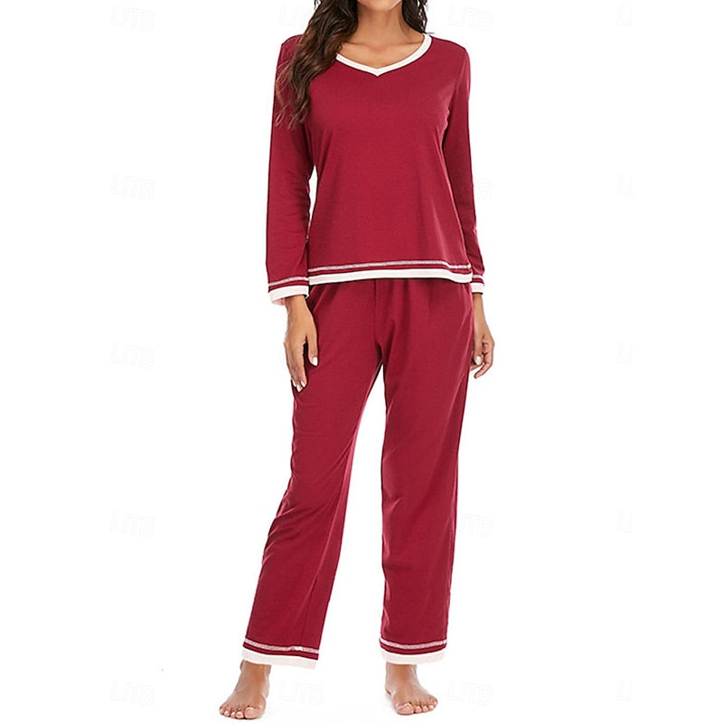 Womens Two Piece Lounge Set with Long Sleeve V Neck Top and Elastic Waist Trousers