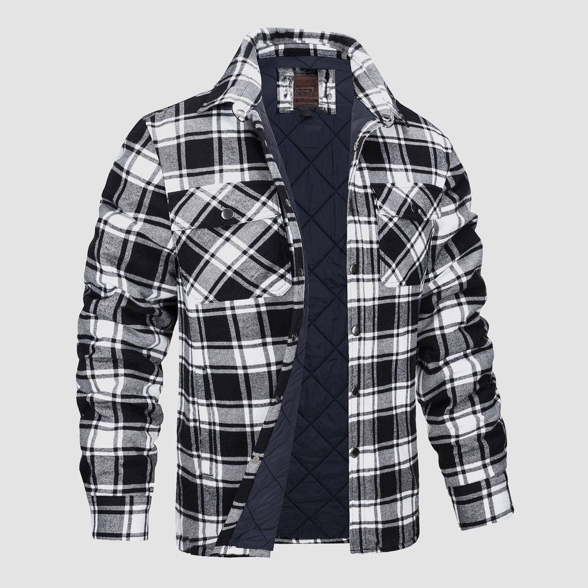 Mens Button-Up Flannel Jacket with Stand Collar and Long Sleeves