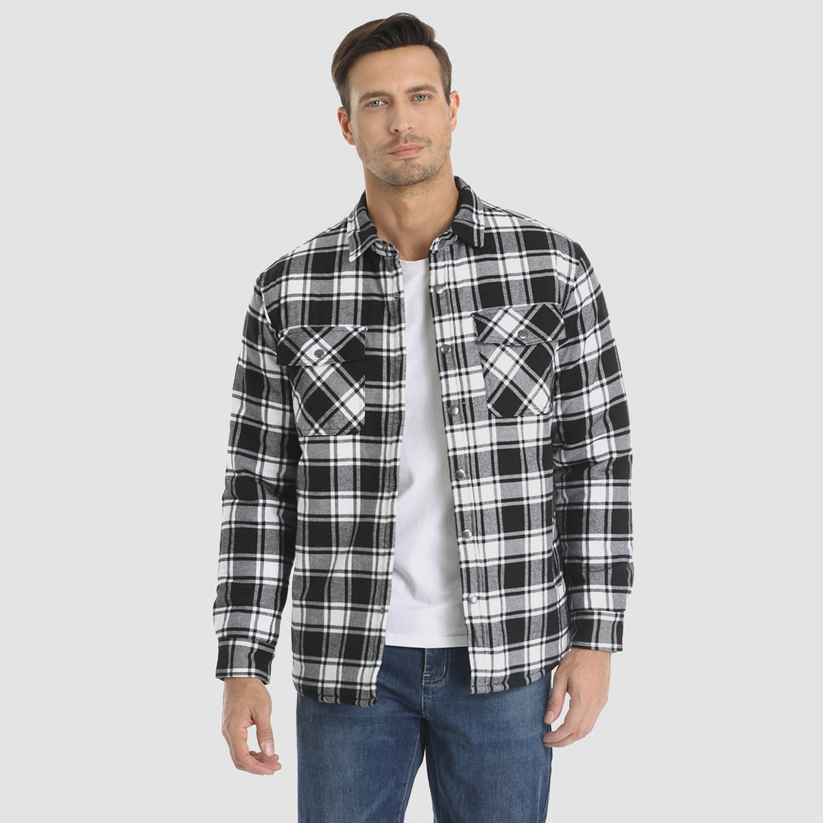 Mens Button-Up Flannel Jacket with Stand Collar and Long Sleeves