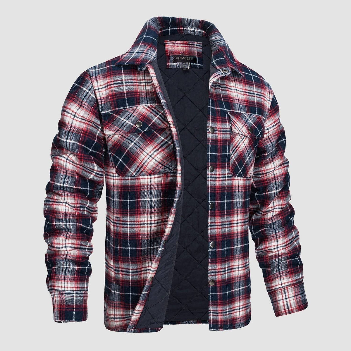 Mens Button-Up Flannel Jacket with Stand Collar and Long Sleeves