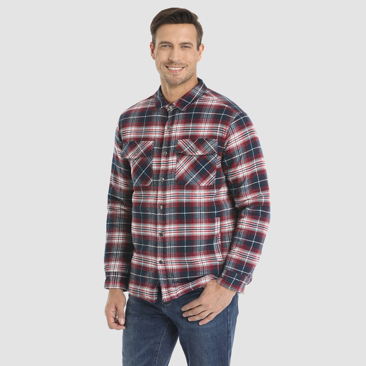 Mens Button-Up Flannel Jacket with Stand Collar and Long Sleeves