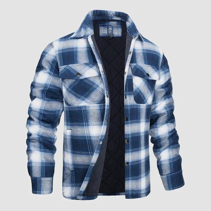 Mens Button-Up Flannel Jacket with Stand Collar and Long Sleeves