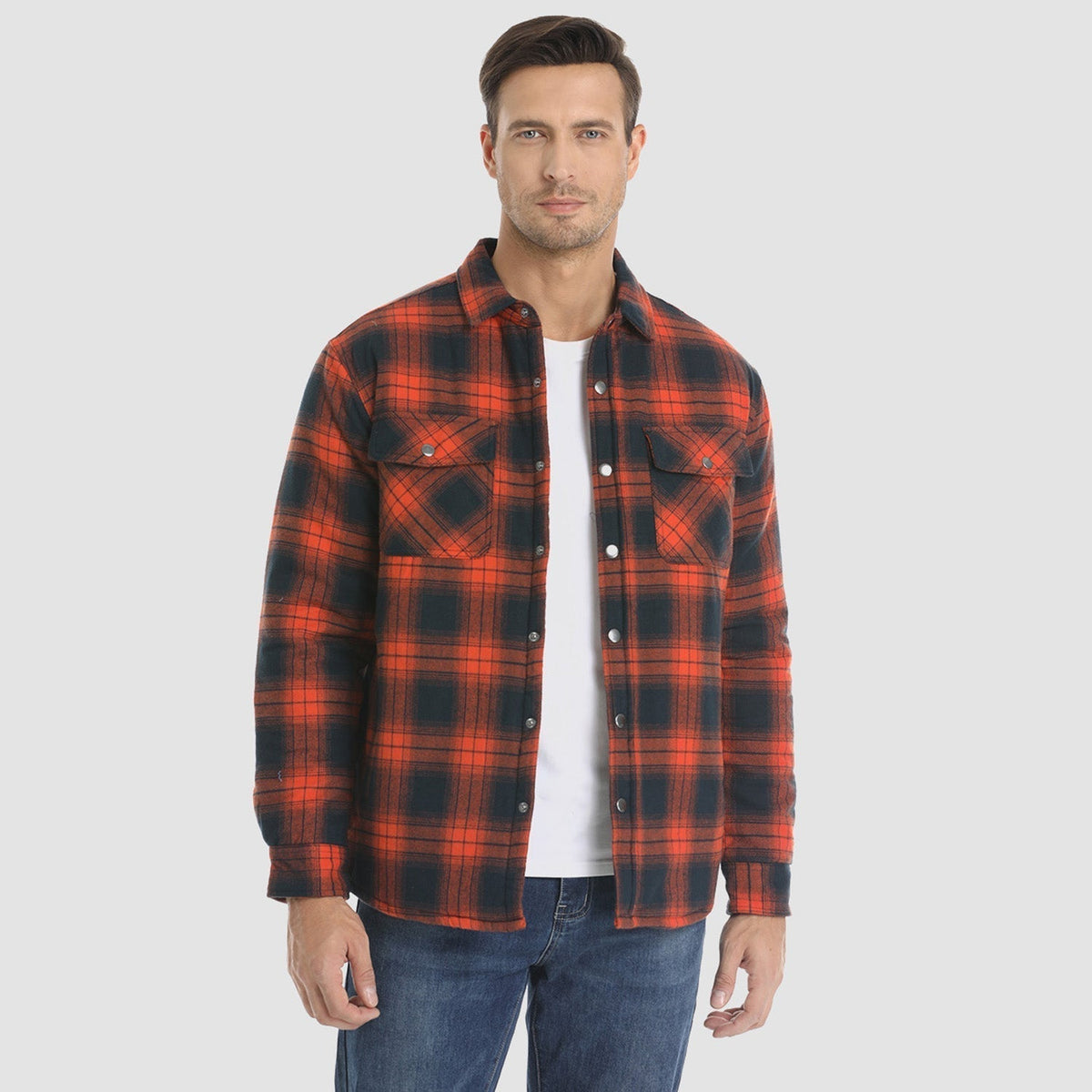 Mens Button-Up Flannel Jacket with Stand Collar and Long Sleeves