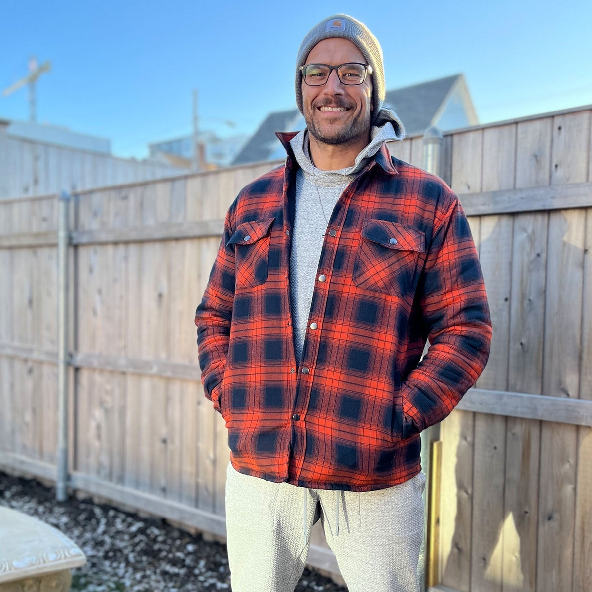 Mens Button-Up Flannel Jacket with Stand Collar and Long Sleeves