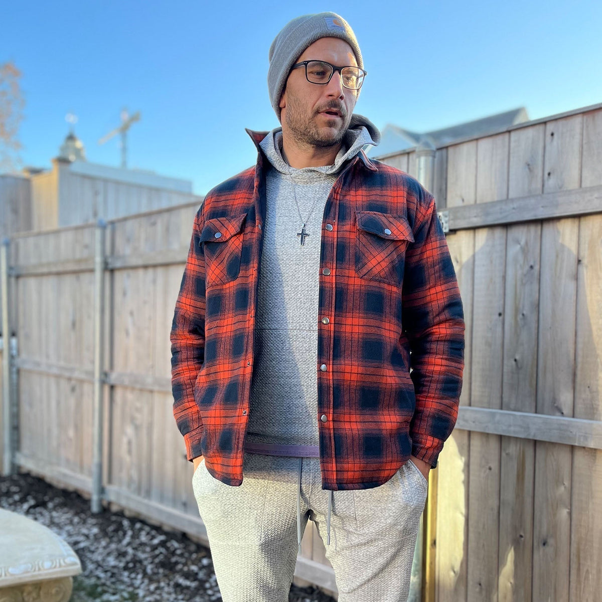 Mens Button-Up Flannel Jacket with Stand Collar and Long Sleeves