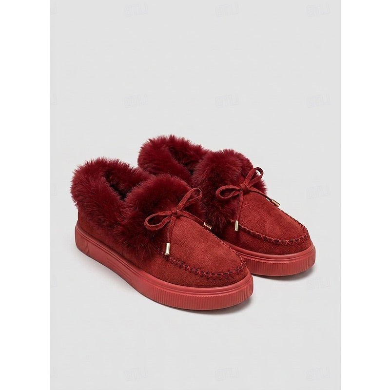 Slip On Moccasins with Plush Fur Lining and Bow Accent