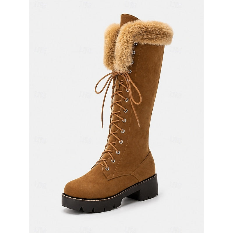Knee-High Winter Boots with Lace-Up Front and Lug Sole, Plush Cuff