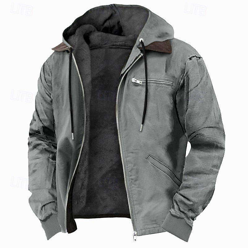 Hooded Zip Jacket with Fleece Lining and Hand Pockets, Adjustable Hood