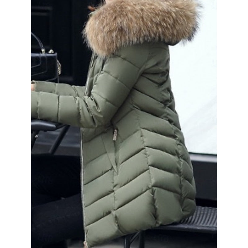 Hooded Quilted Parka with Adjustable Hood and Side Pockets, Mid Thigh Length