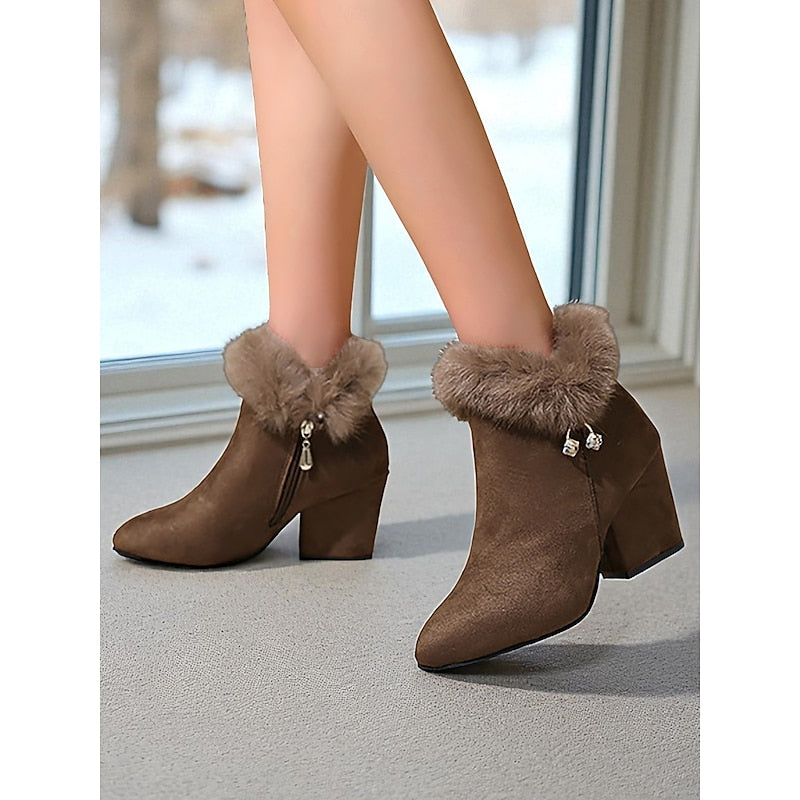 Ankle Boots with Plush Collar and Block Heel, Side Zip Pointed Toe