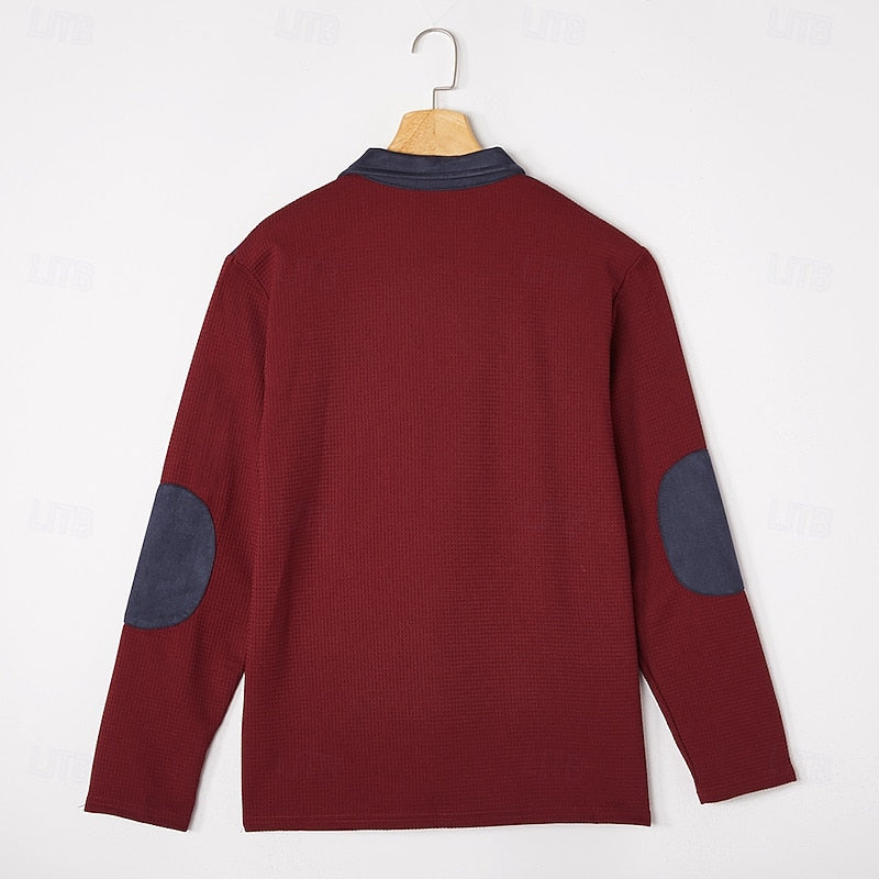 Quarter Zip Pullover with Textured Fabric and Elbow Patches, Chest Pocket