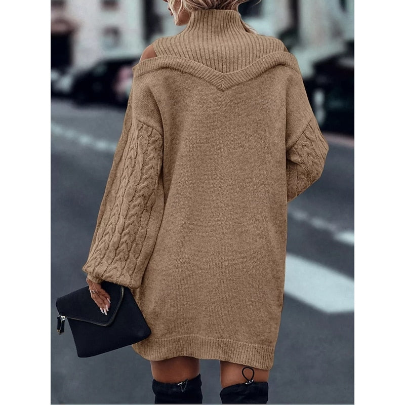 Cold-Shoulder Turtleneck Sweater Dress with Cable Knit Sleeves