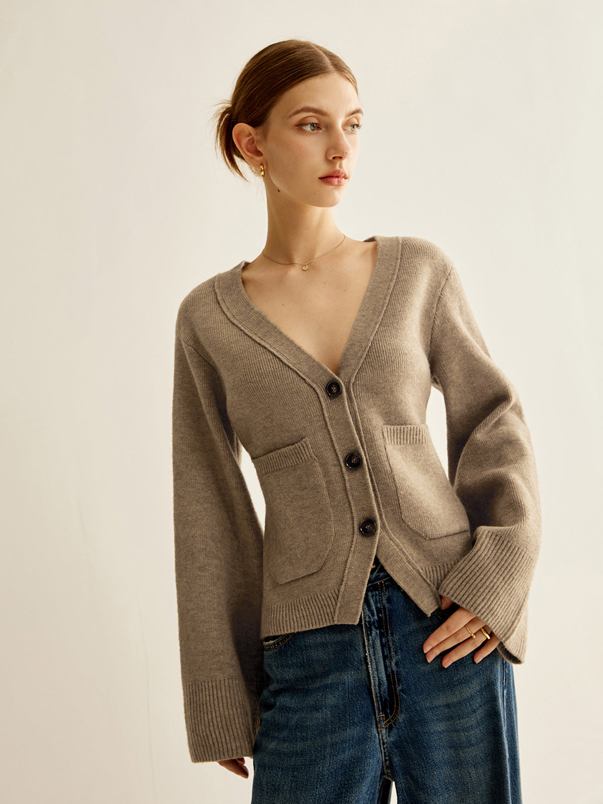 Knit Button Cardigan with V-Neck and Regular Fit