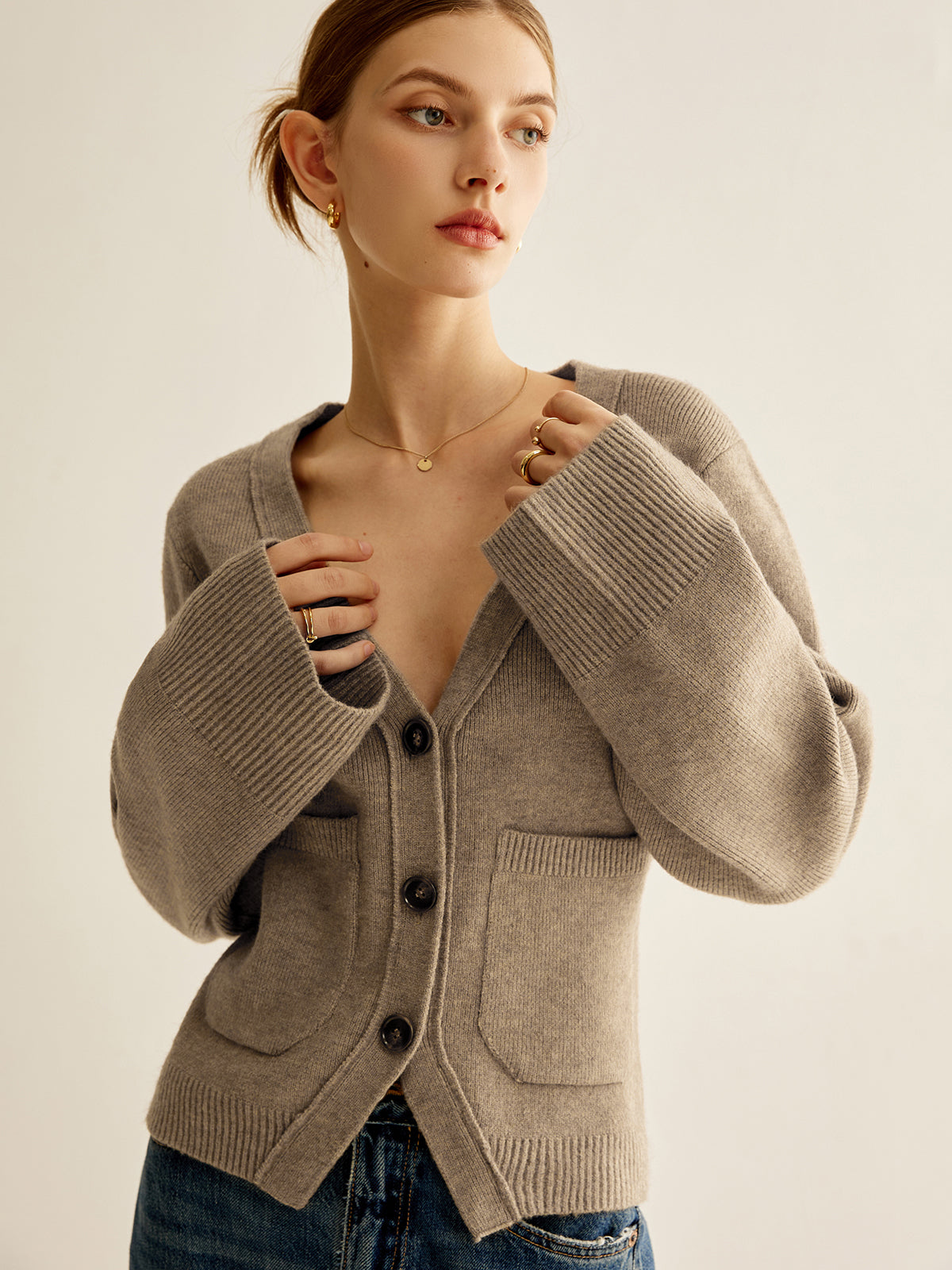 Knit Button Cardigan with V-Neck and Regular Fit