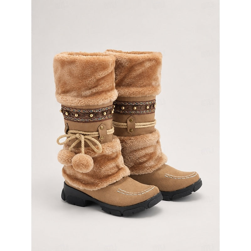 Mid Calf Slip On Boots with Faux Fur Cuff and Braided Trim Pom Pom Details