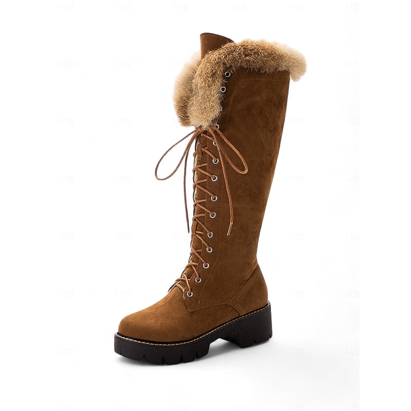 Knee-High Winter Boots with Lace-Up Front and Lug Sole, Plush Cuff