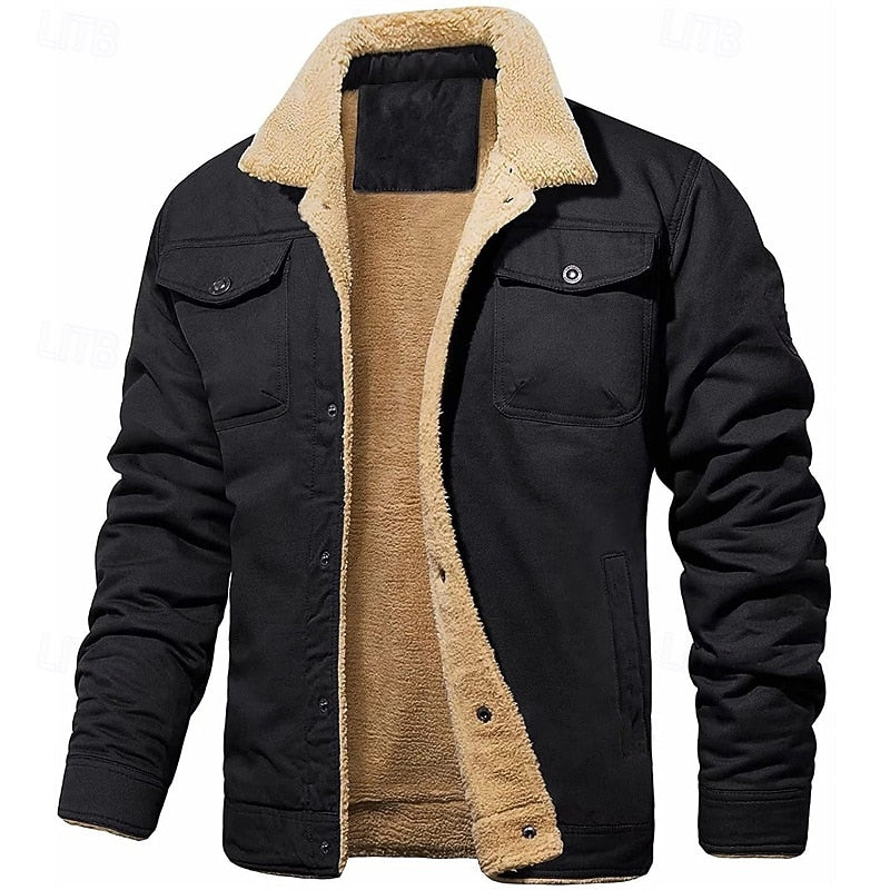 Trucker Jacket with Plush Lining and Button Front, Hip Length Pockets